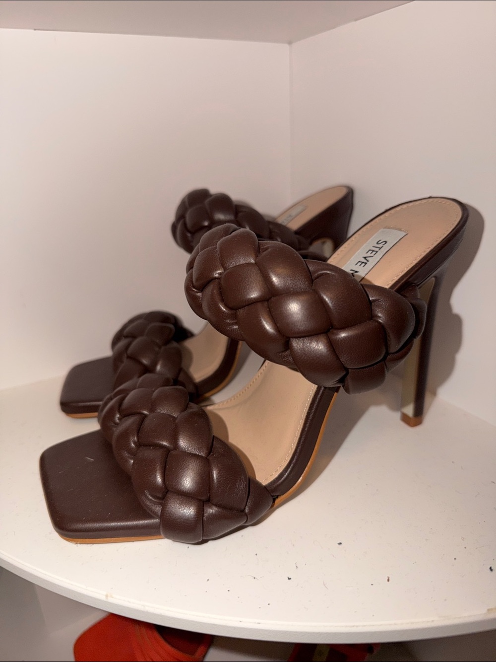 Steve Madden Dark Brown Braided Leather High Heel Mules
